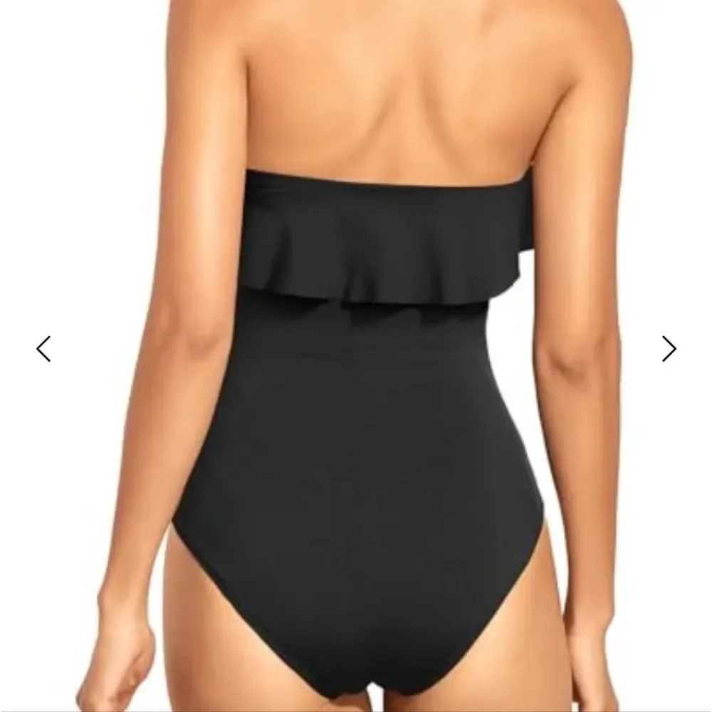 Holipic Elegant Black Ruffle Bandeau Tummy Comtrol One-Piece Swimsuit sz XL